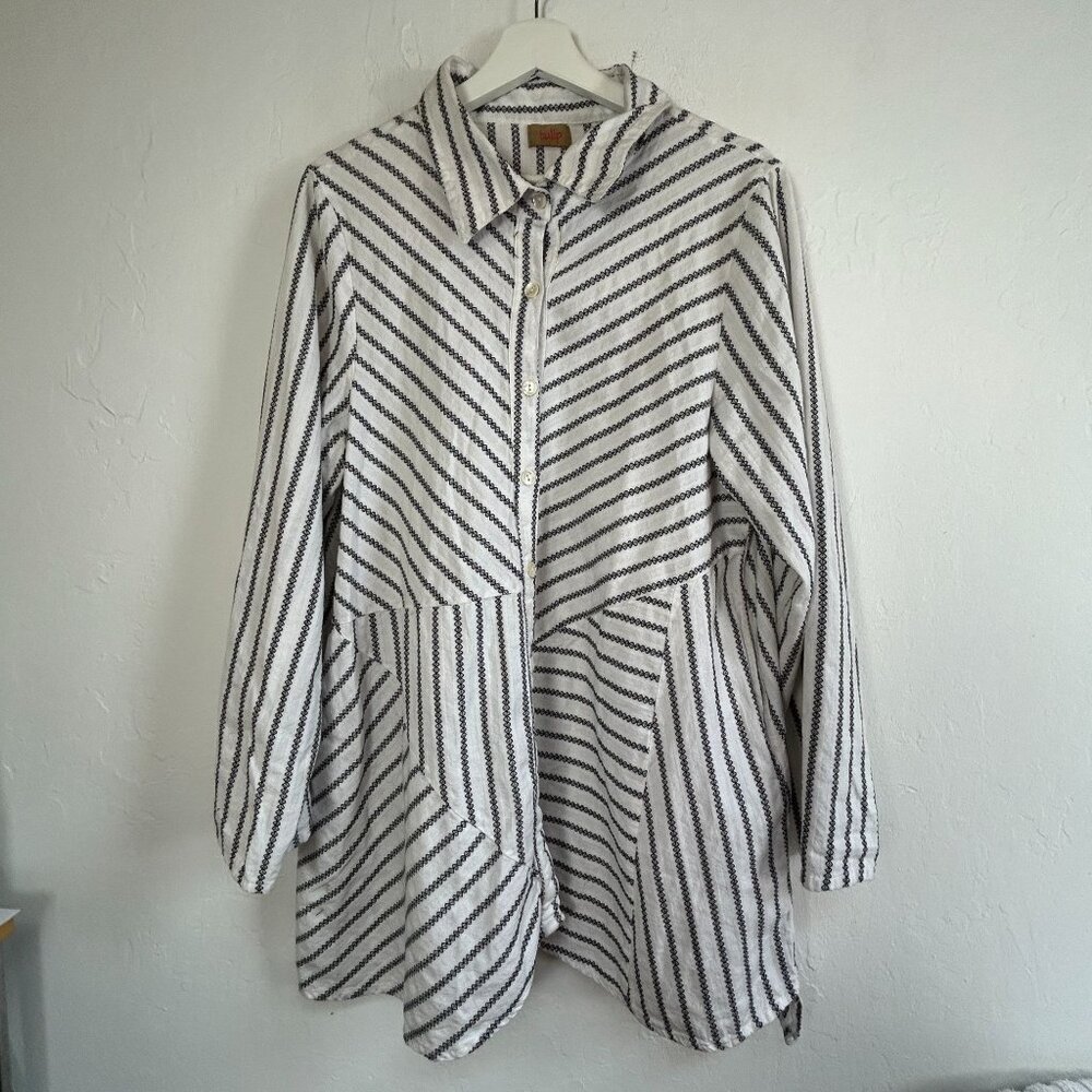 Tulip Womens Long-Sleeve Asymmetrical Button-Up Shirt Large White Black Striped